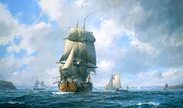 Close-up of the Endeavor Leaving Plymouth, by Geoff Hunt, from the Diploma Collection of the Royal Society of Marine Artists