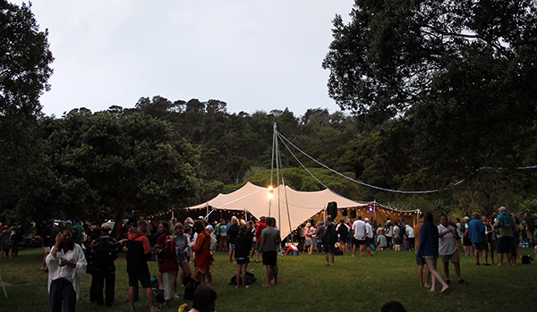 2024 Mahurangi Regatta crowd outside marquee. Credit: Nicola Devine and West City Jazz Orchestra