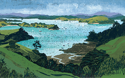 Huawai, Valerie Pendred linocut landscape