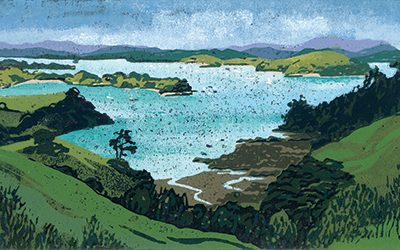 Huawai, Valerie Pendred linocut landscape