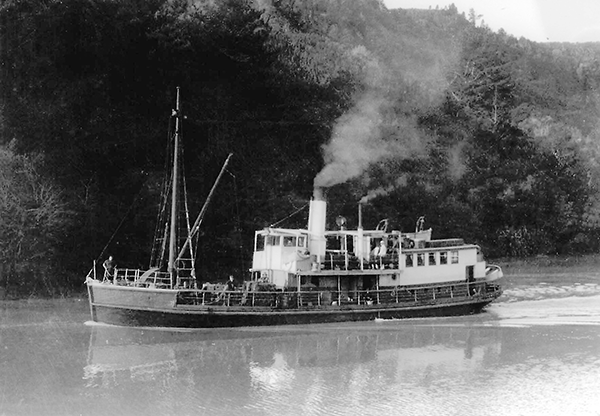 Steamboat Omana steaming upstream in the Mahurangi River, Tudor Collins