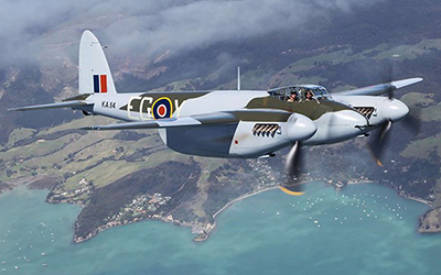 Avspecs Ltd-restored Mosquito—RAF FB.IV night intruder variant, NS838—during flight testing in New Zealand prior to disassembly and shipment to the United States